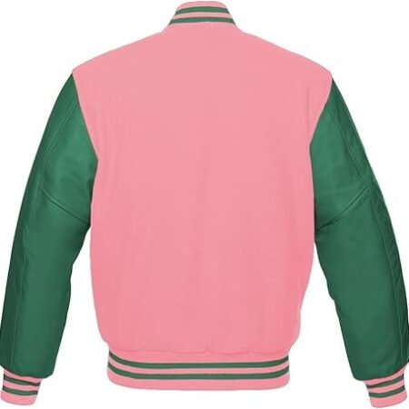 pink and green varsity jacket