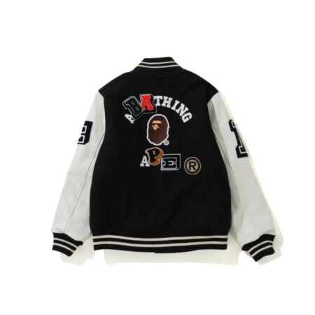 BAPE Black & White Crazy Patch Varsity Jacket