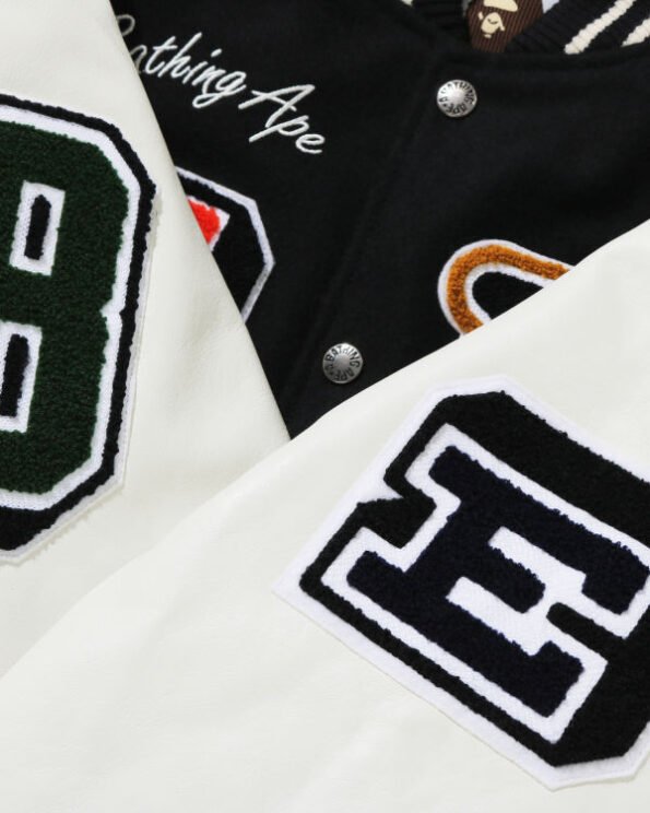 BAPE Black & White Crazy Patch Varsity Jacket