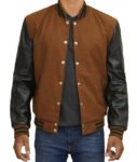 Brown Varsity Jacket With Black Leather Sleeves