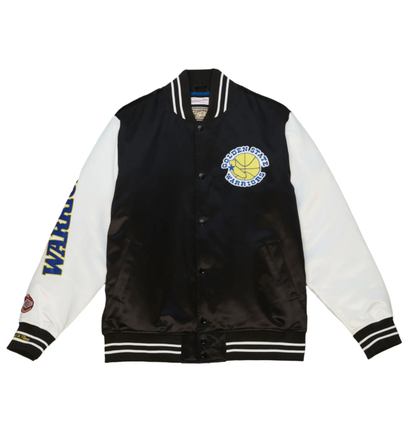 Golden State Warriors Team Origins Full Snap Balck & White Satin Varsity Jacket