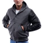 Mens Black And Grey Wool And Leather Hooded Jacket