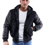 Mens Black Wool And Leather Hooded Jacket