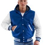 Mens Royal Blue And White Wool And Leather Hooded Jacket