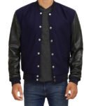 Navy Blue Varsity Jacket With Black Leather Sleeves