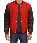 Red Varsity Jacket With Black Leather Sleeves