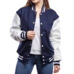 Womens Navy Blue And White Wool And Leather Varsity Jacket