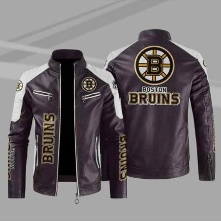 Boston Bruins Block Brown White Leather Jacket