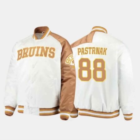 Boston Bruins David Pastrnak 88 White Satin Jacket