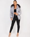 Faux Fur Hood Puffer Jacket With Belt