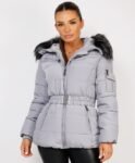 Faux Fur Hood Puffer Jacket With Belt