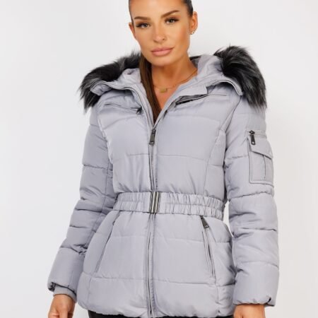 Faux Fur Hood Puffer Jacket With Belt