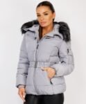 Faux Fur Hood Puffer Jacket With Belt