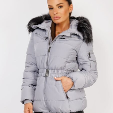 Faux Fur Hood Puffer Jacket With Belt